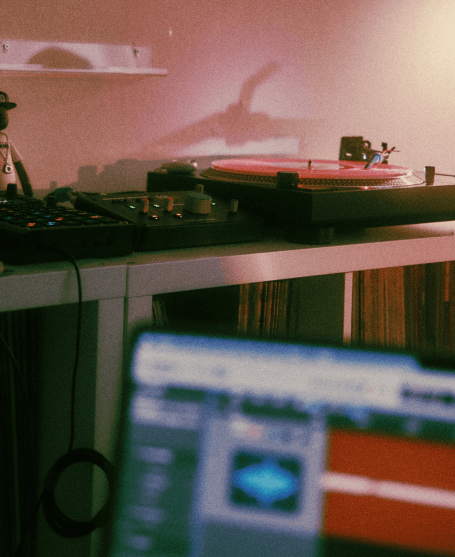 Music studio with turntable and mixer